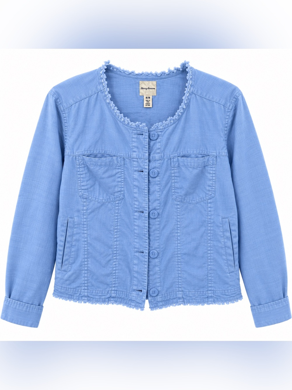 Tommy Bahama Women M Blue 100% Linen Jacket Raw Hem Frayed Coastal Button Front